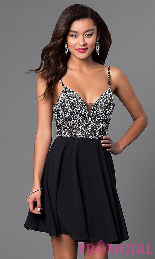 Short Illusion Jeweled-Bodice Homecoming Dress