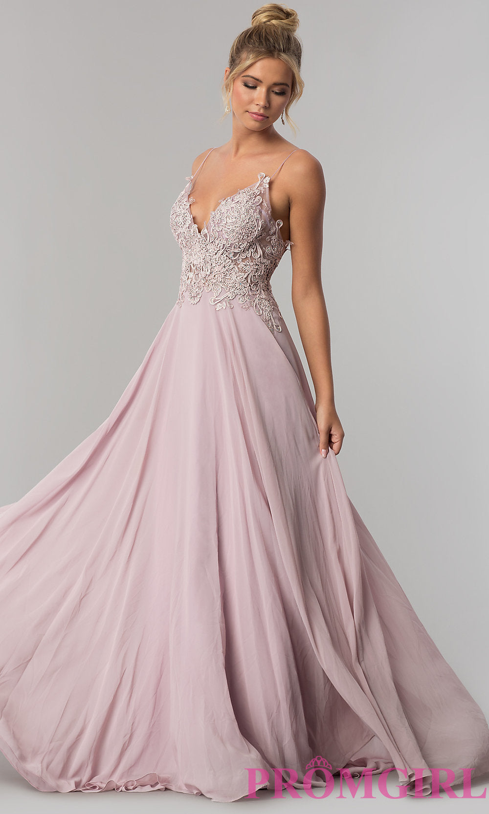 Long V-Neck Open-Back Chiffon Prom Dress by PromGirl